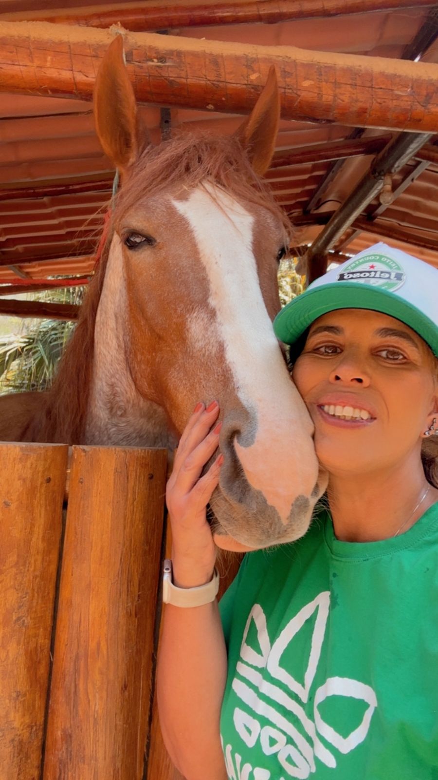 Dra. Christiana acariciando cavalo alazão
